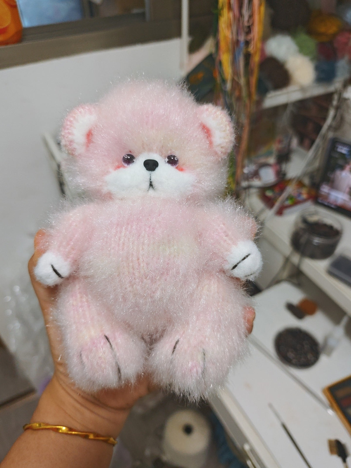 Knitted Plush Bear Toy with Stitched Face
