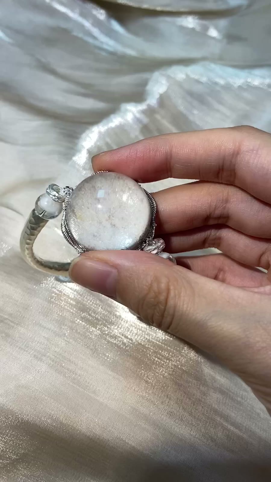 White Mica Cabochon Bracelet Sterling Silver