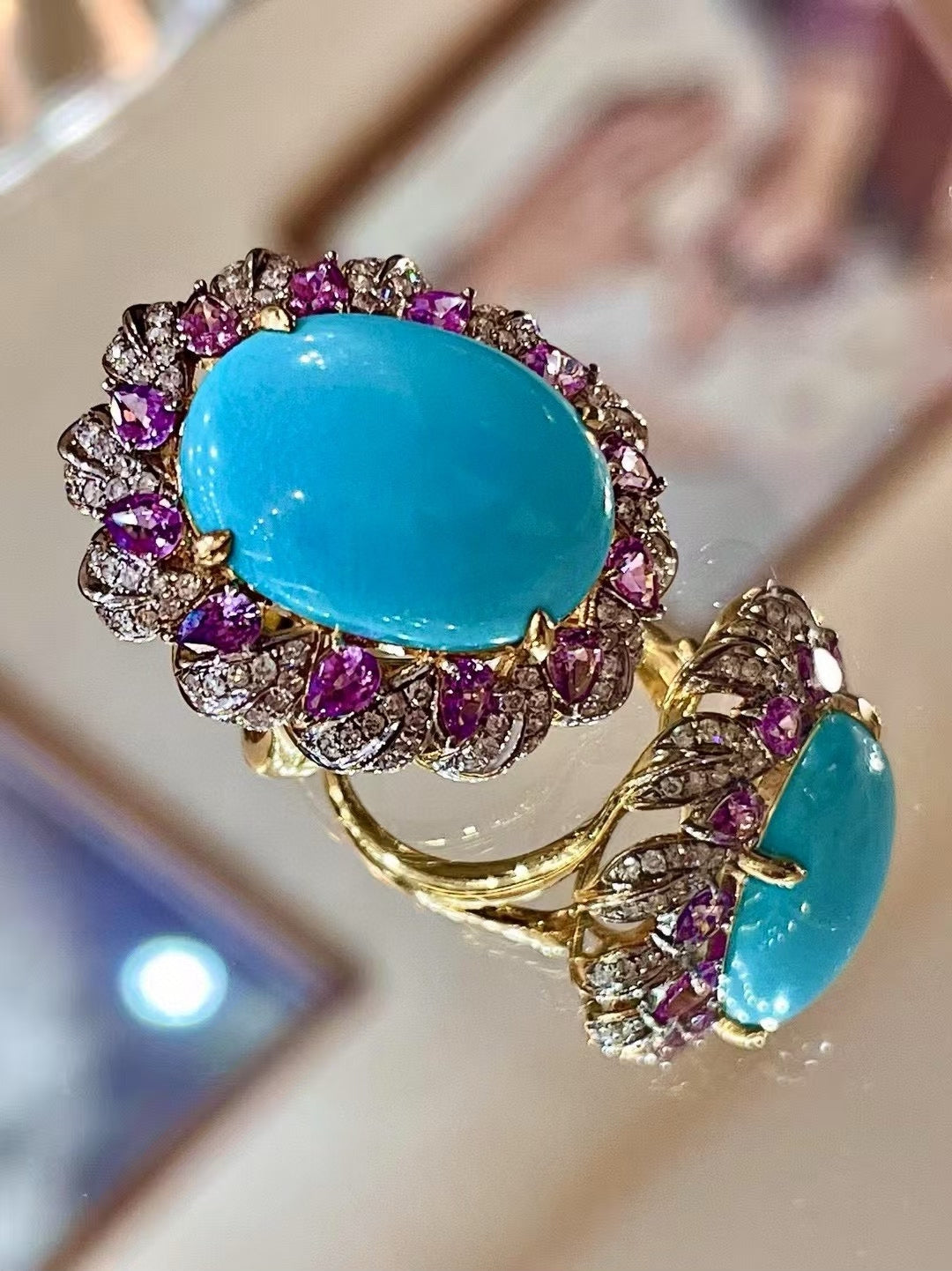 18K Gold Sleeping Beauty Turquoise Ring with Purple Sapphire and Diamond Halo