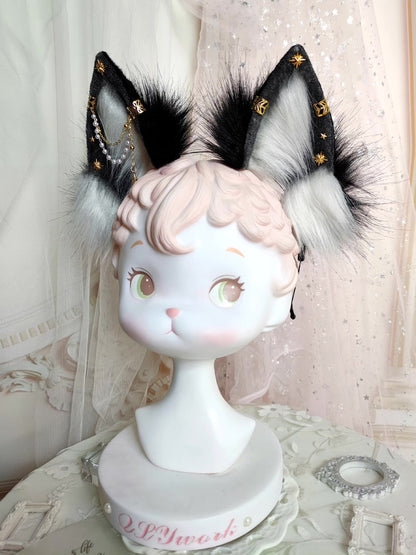 Black and White Dark Fox Ear Wolf Ear Plush Hairband with Gold Star and Chain Decorations