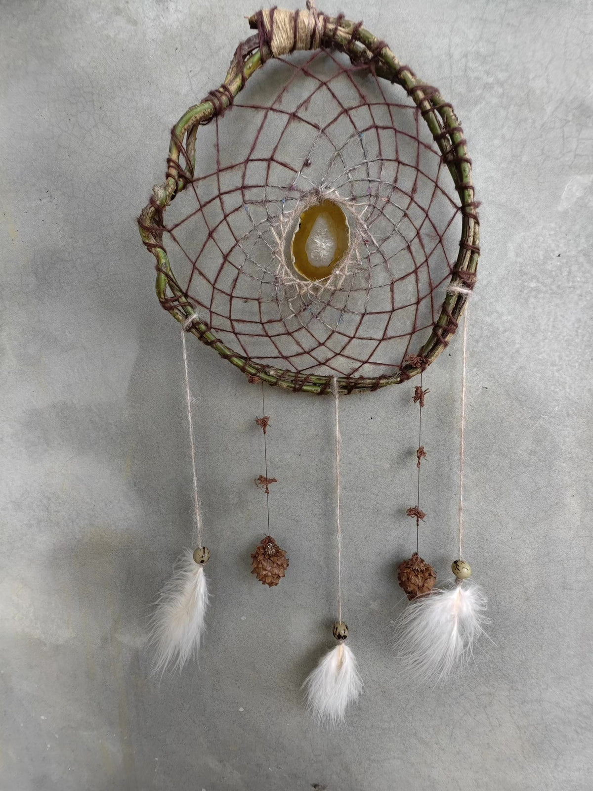 Handmade Rattan Dreamcatcher with Agate and Feathers