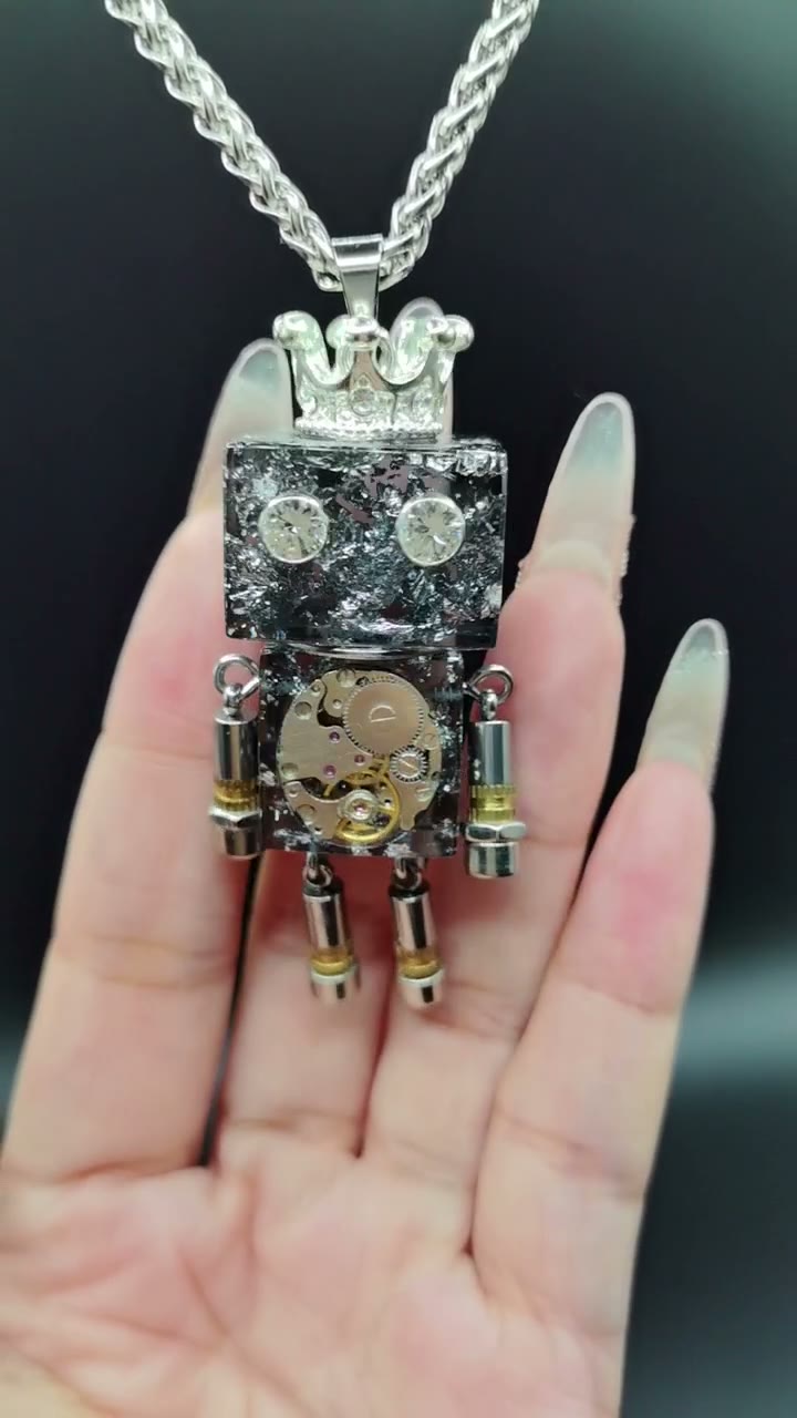 Handmade Punk Robot Pendant Necklace with Crown