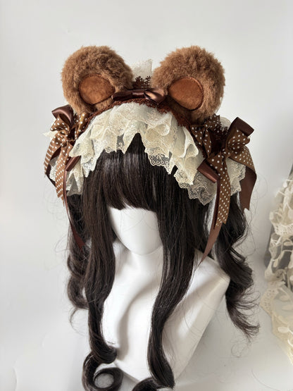 Brown Chocolate Bear Ear Lolita Headband with Lace and Bows