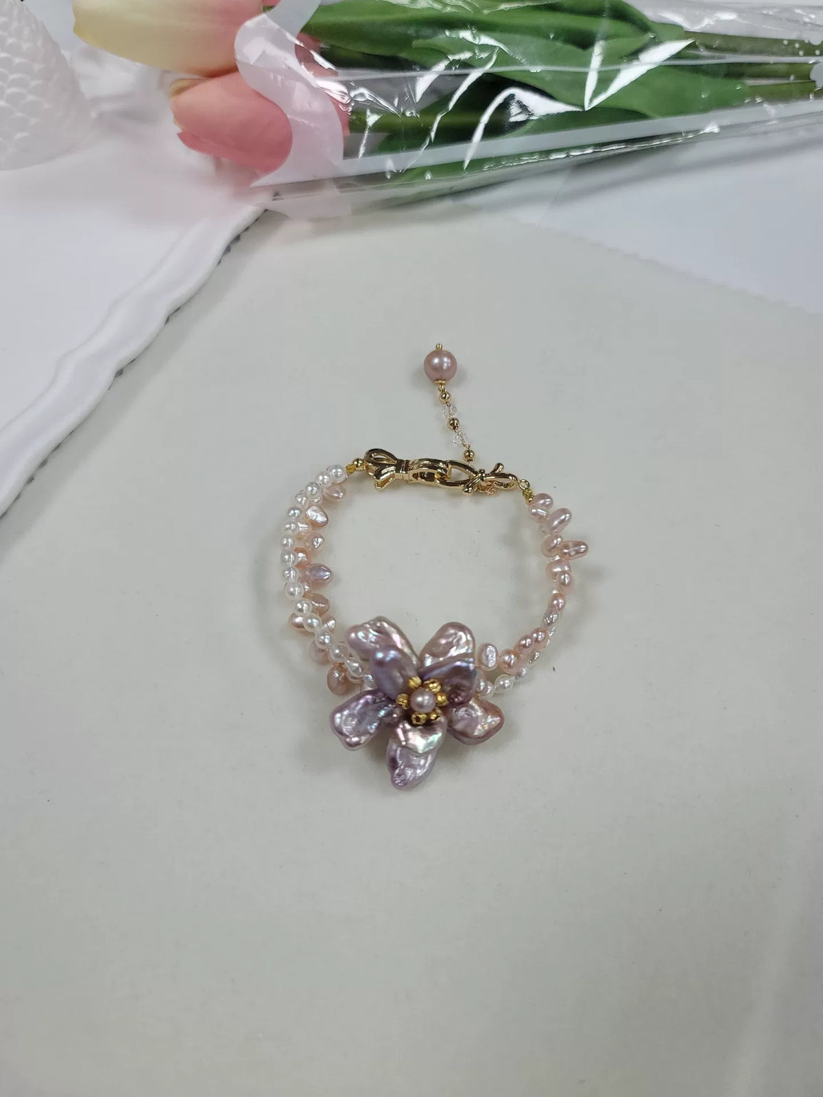 Double Layer Freshwater Pearl Flower Bracelet