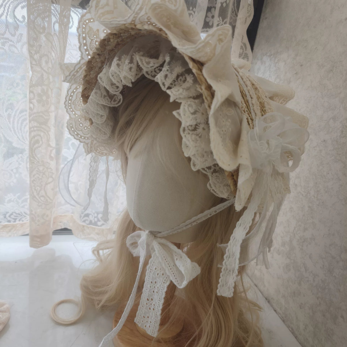 Handmade Straw Hat with Lace Trim