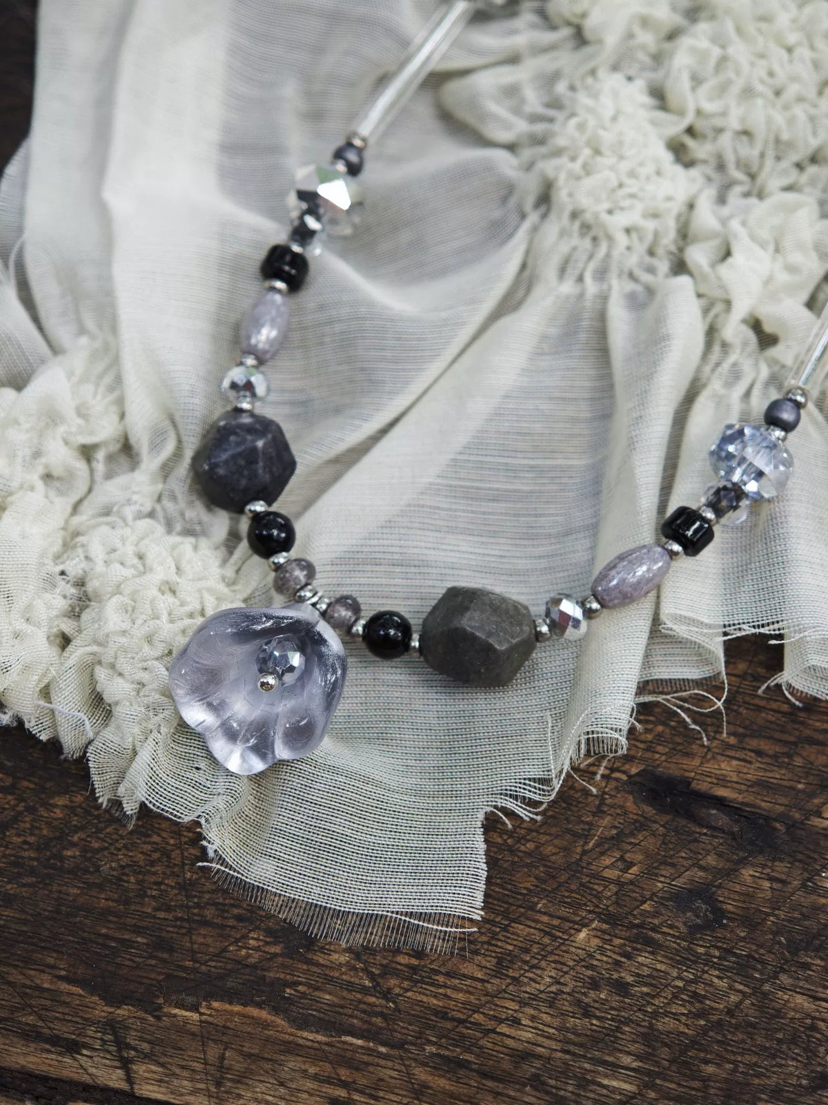 Handgakte Glacier Flower Ketting Zilver Glazen Kralen