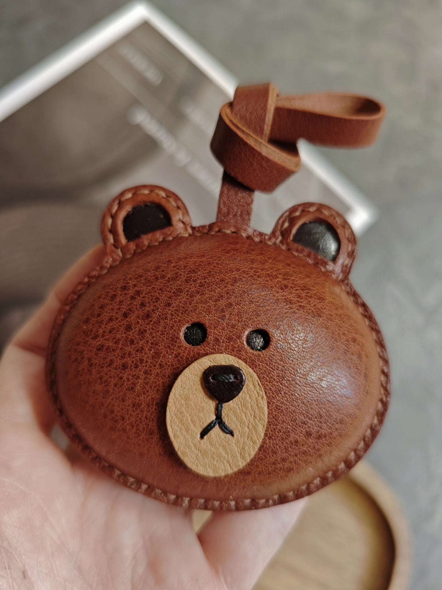 Hand-Stitched Brown Bear Head Leather Keychain Bag Charm