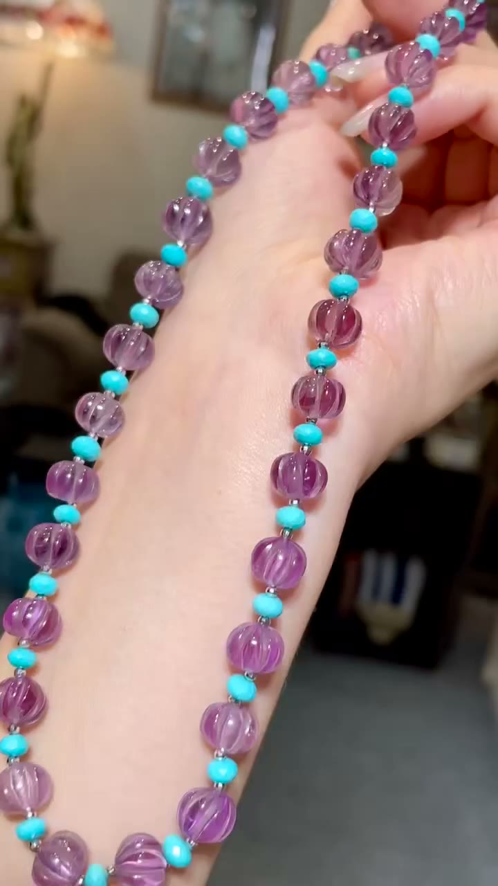Purple Pumpkin-Cut Amethyst and Turquoise Bead Necklace