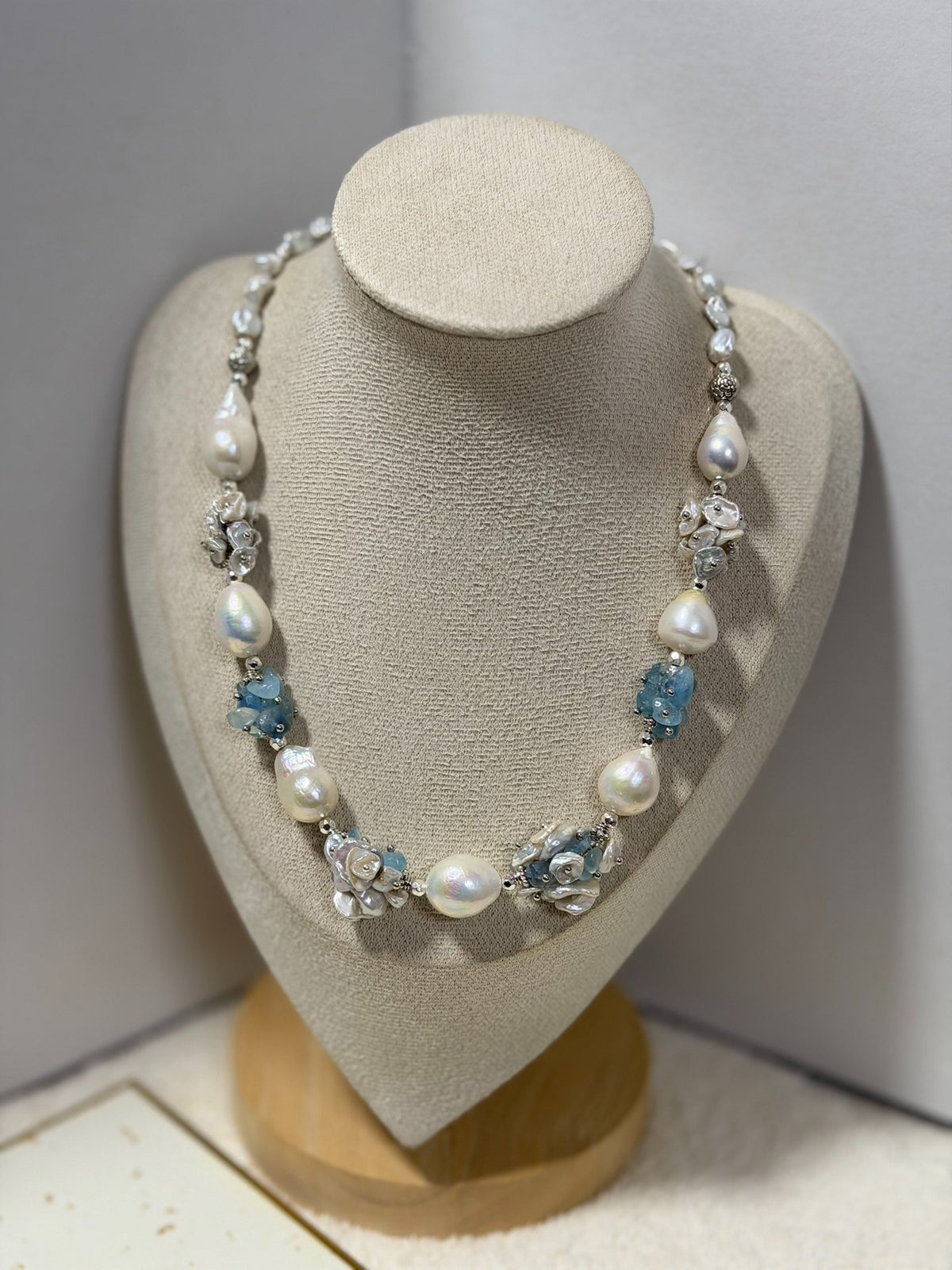 Aquamarine Pearl Floral Design Necklace