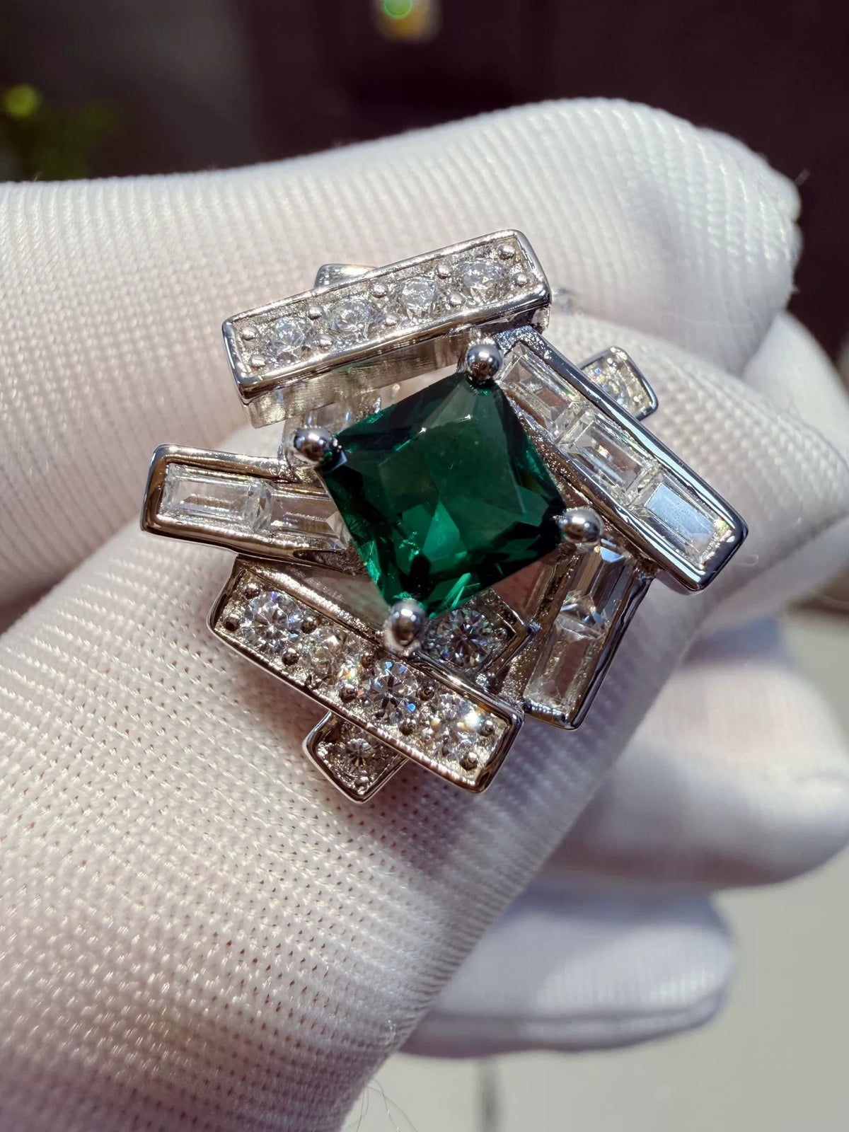 Geometric Green Stone Necklace Rhodium Plated