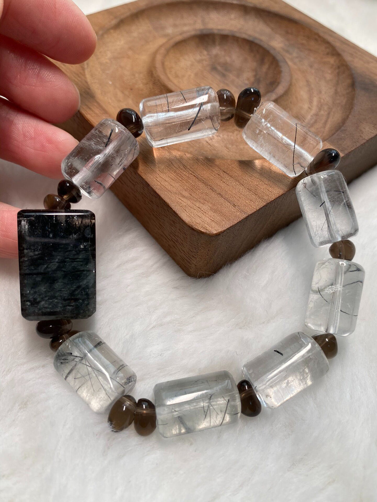 Black Hair Quartz Rectangular Bead Bracelet