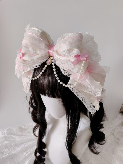 Large Lace Bow Headband with Pearl Drop Pendant