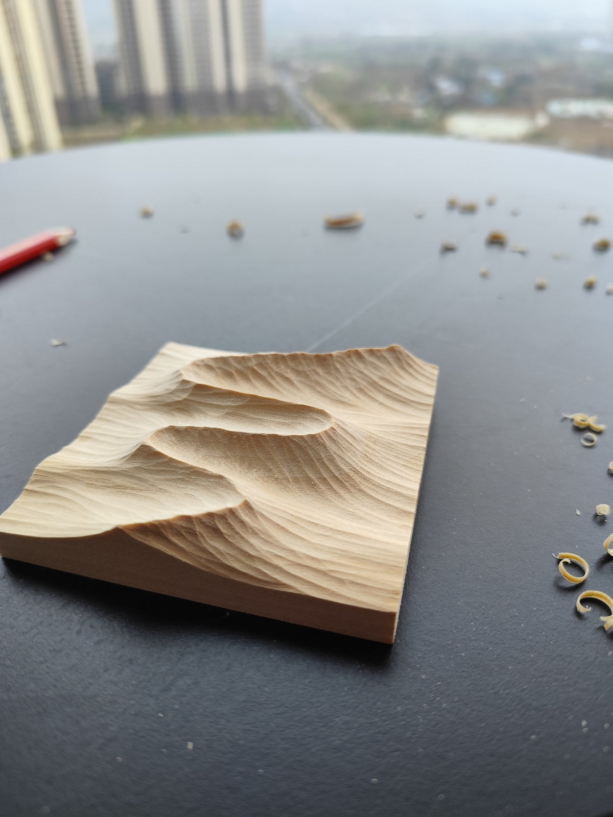 Handcrafted Linden Wood Mountain Relief Sculpture