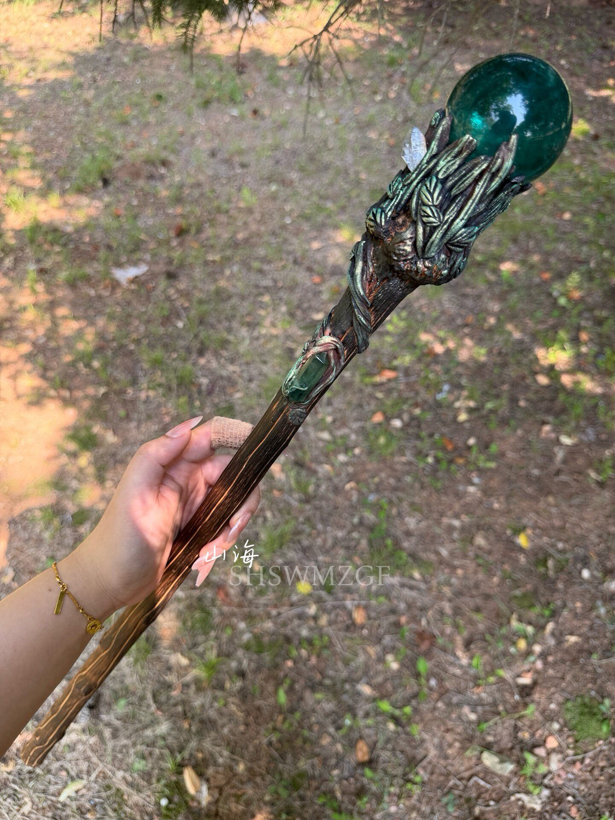 Fantasy Staff with Green Orb and Bronze Metalwork