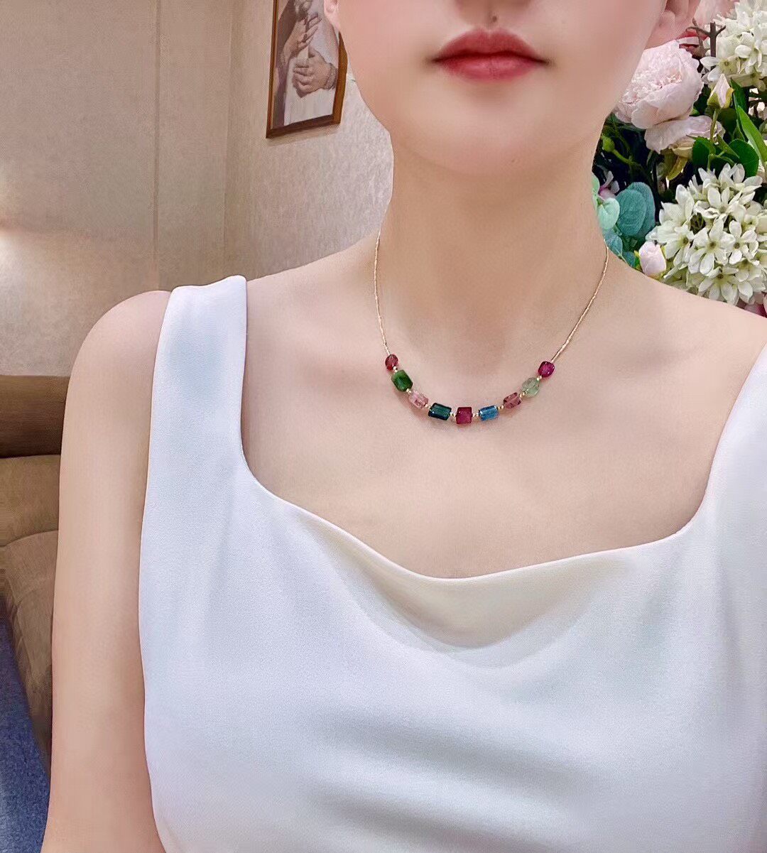 18k Gold Tourmaline Graduated Gemstone Necklace