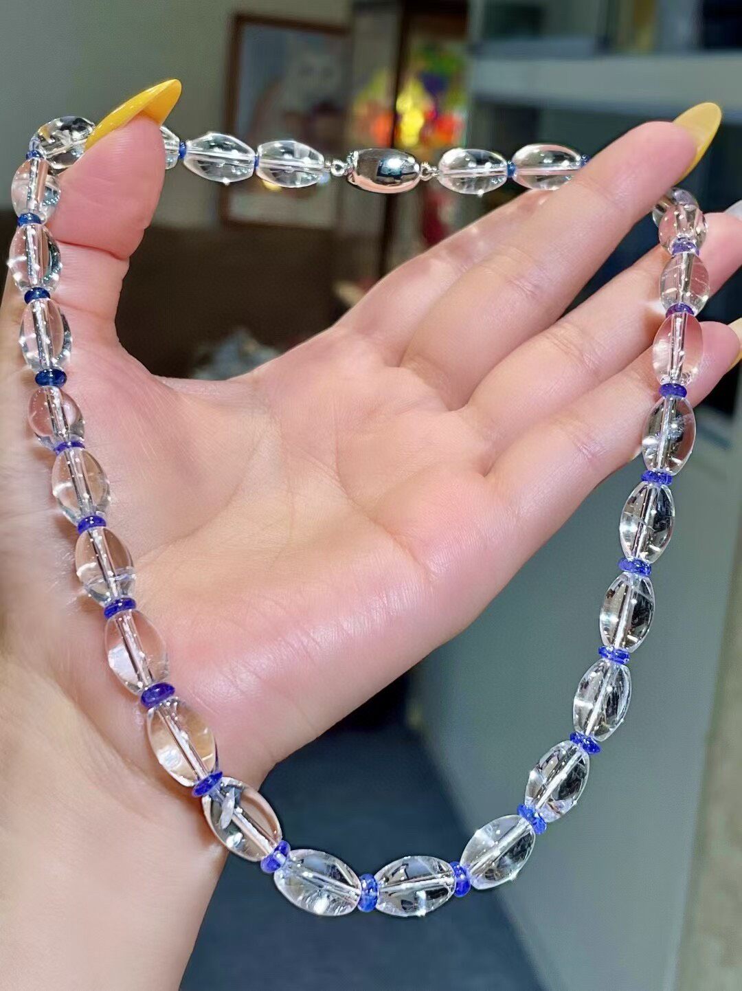 Clear Abacus Bead and Blue Accent Bead Necklace, 41cm