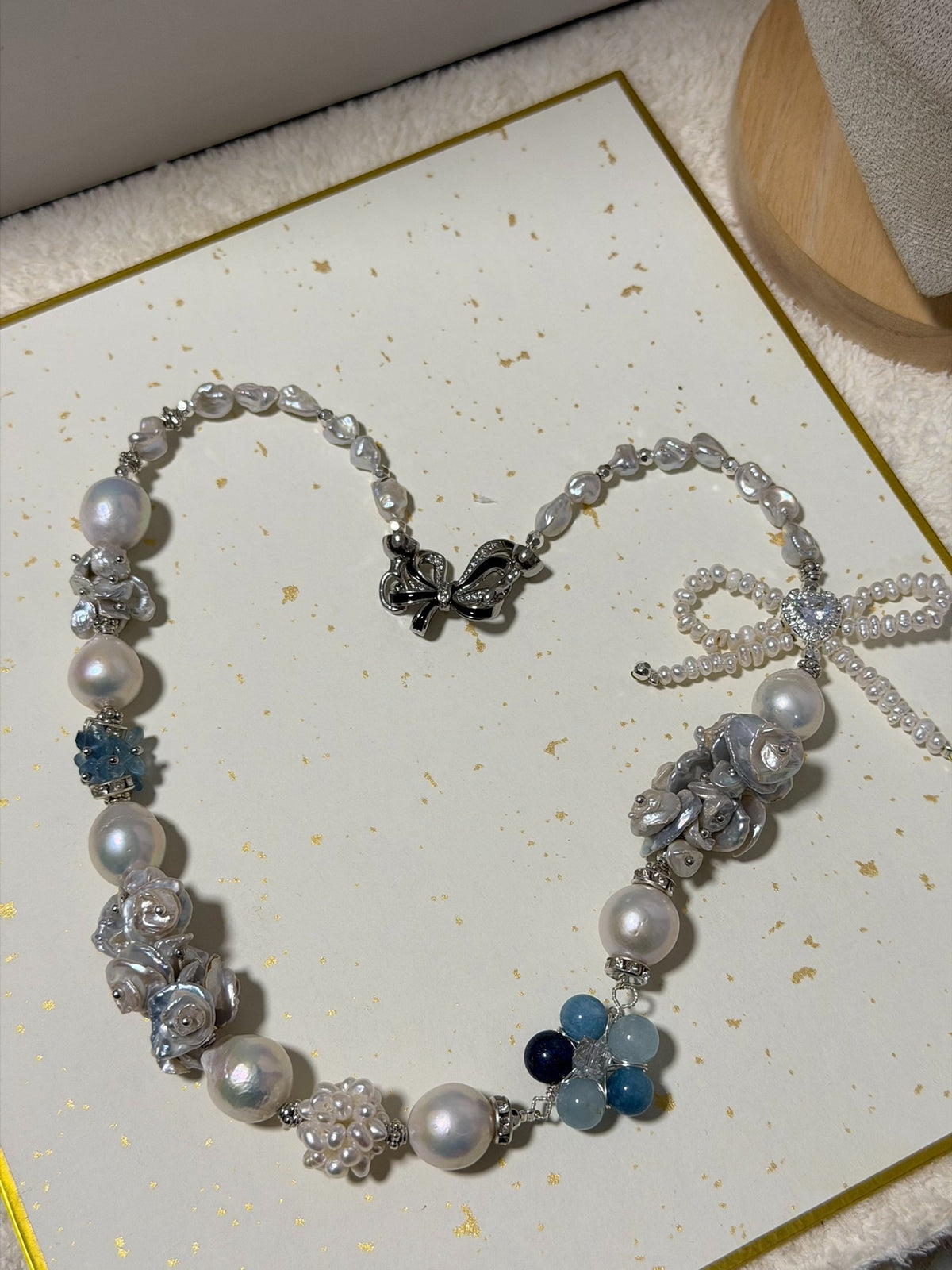 Baroque Pearl Floral Necklace with Blue Stones