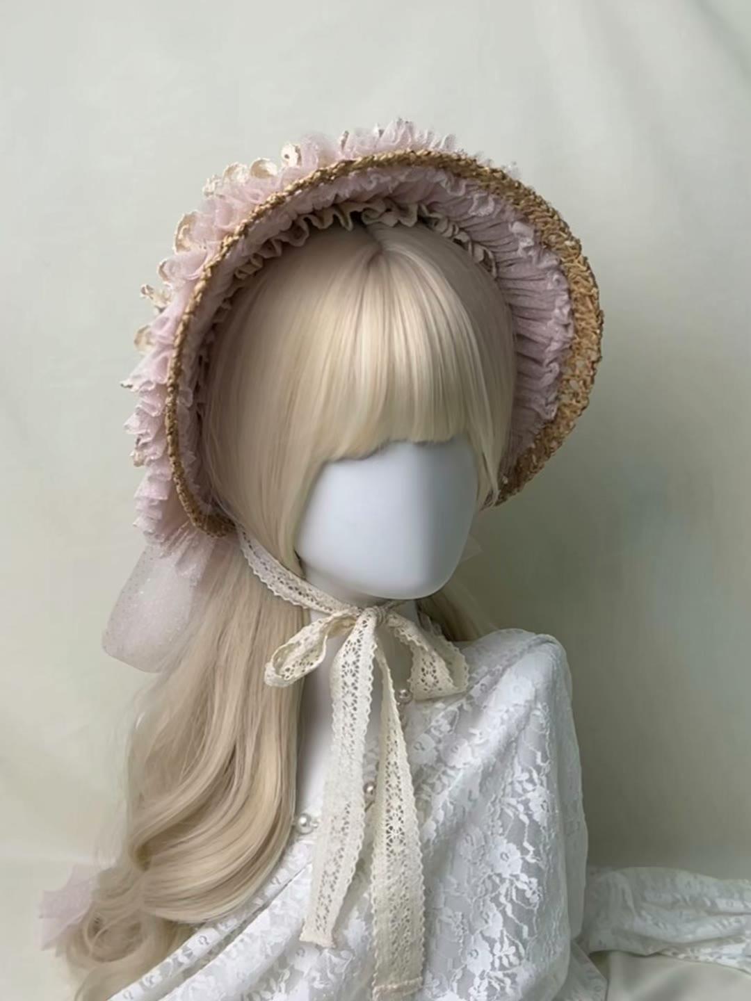Antique Pink Ruffled Straw Bonnet
