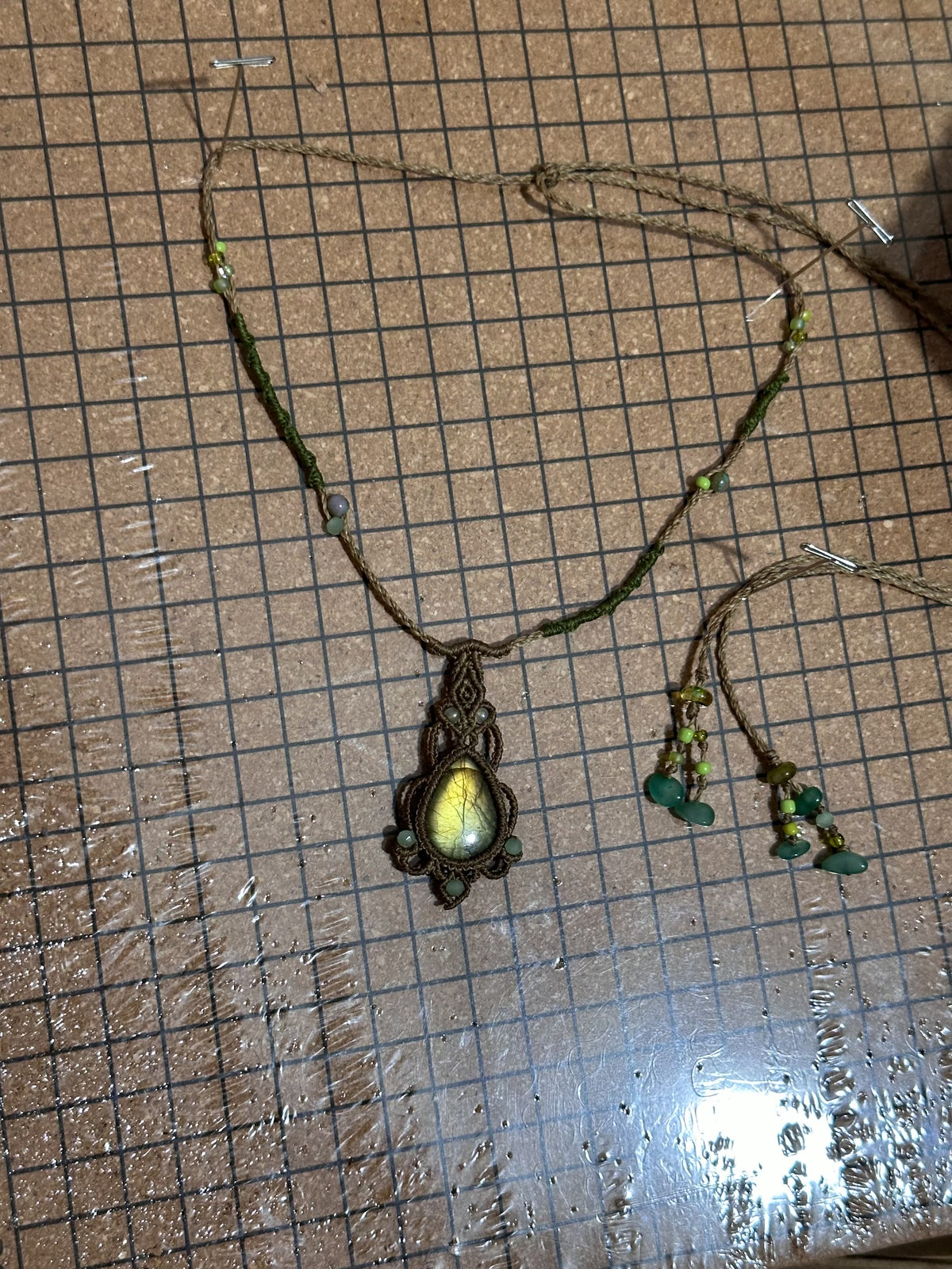 Handcrafted Labradorite Macrame Necklace Brown Green Cord