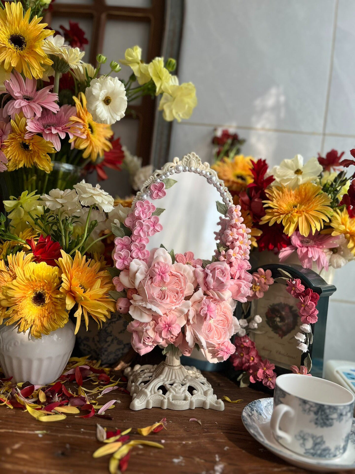 Clay Flower Decorated Oval Tabletop Mirror
