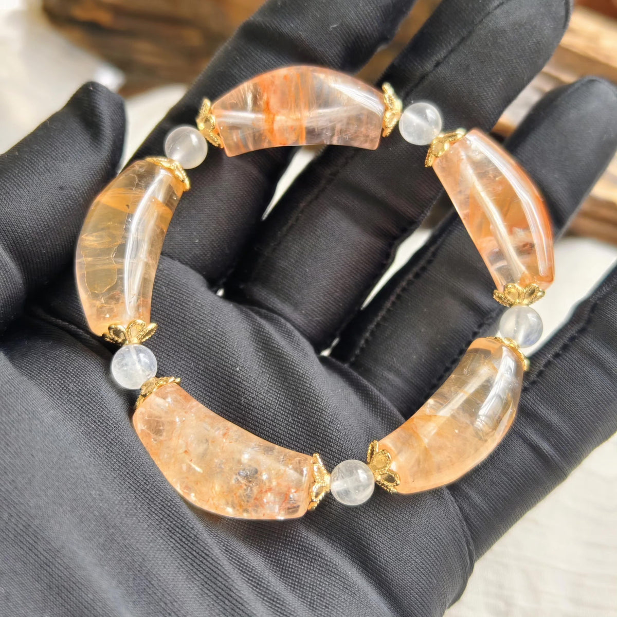 Curved Quartz Blue Moonstone Beaded Bracelet
