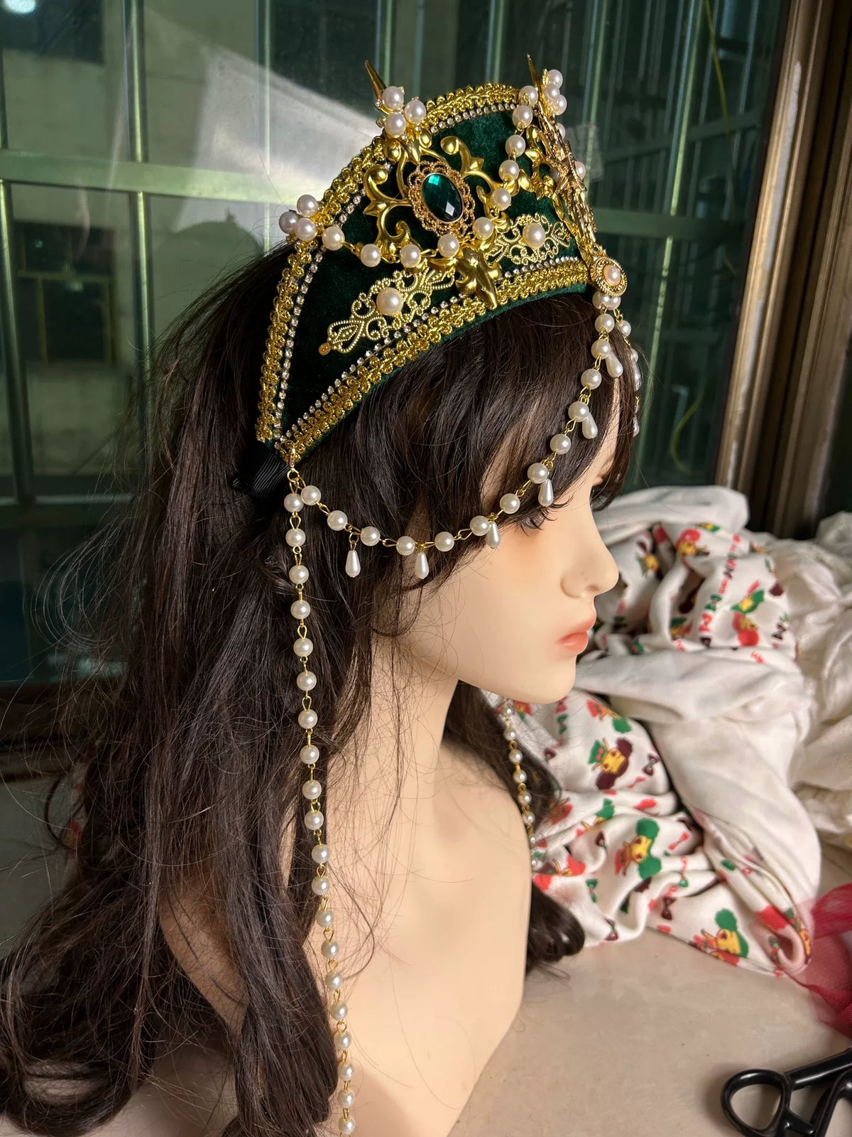Green Velvet Gold Pearl Crown