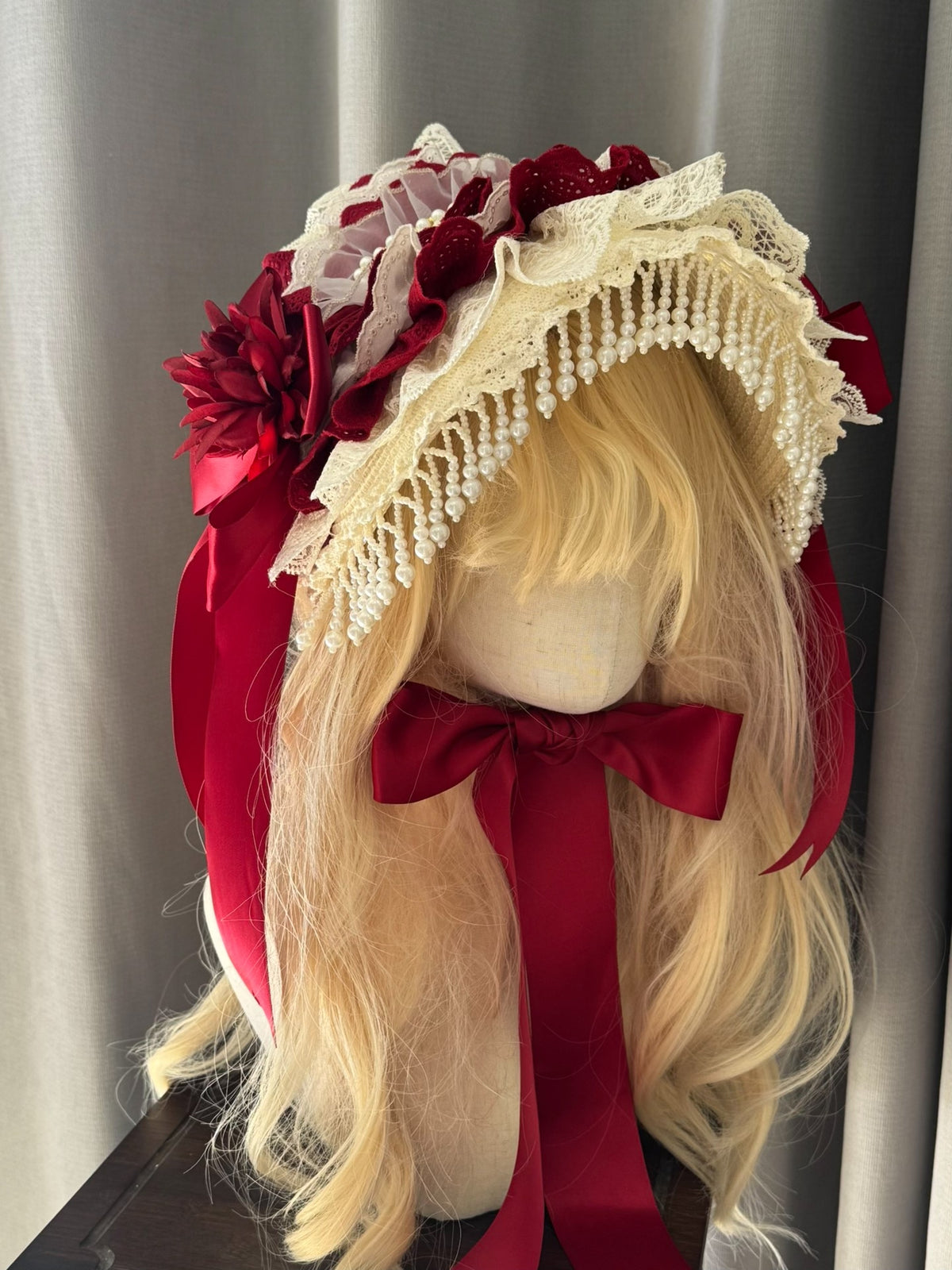 Handmade Lolita Bonnet Red Lace Straw Hat