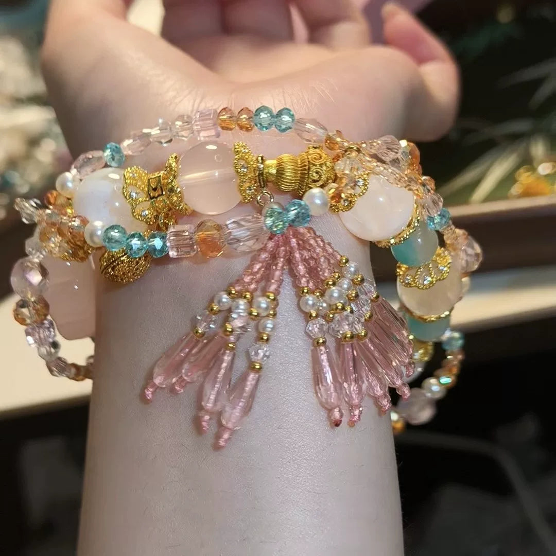 Bracelet à perles bouton de fleur en quartz rose