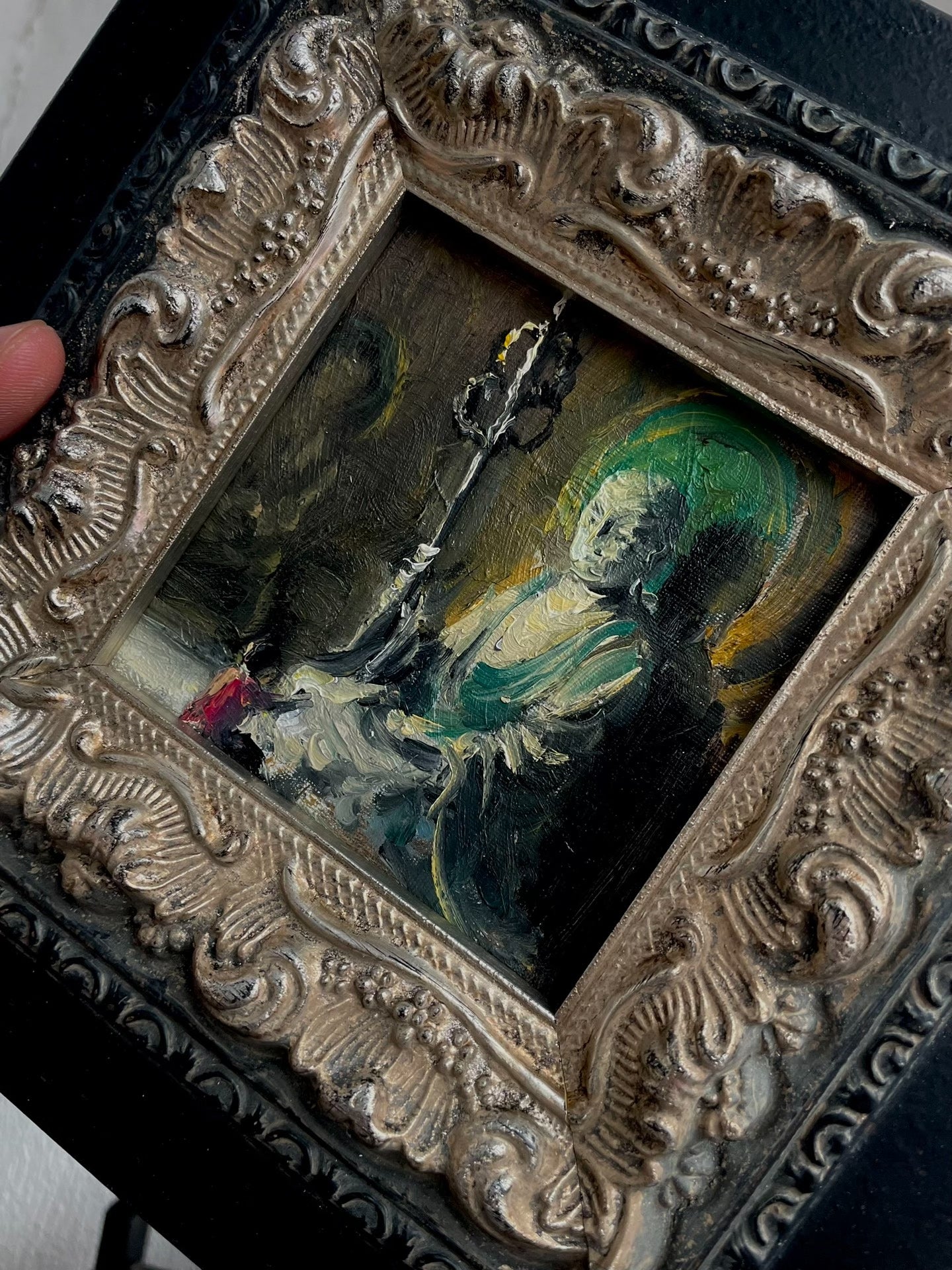 Framed Original Hand-Painted Oil Painting "Asking Earth Store" 10x10cm Canvas with Ornate Silver and Black Frame