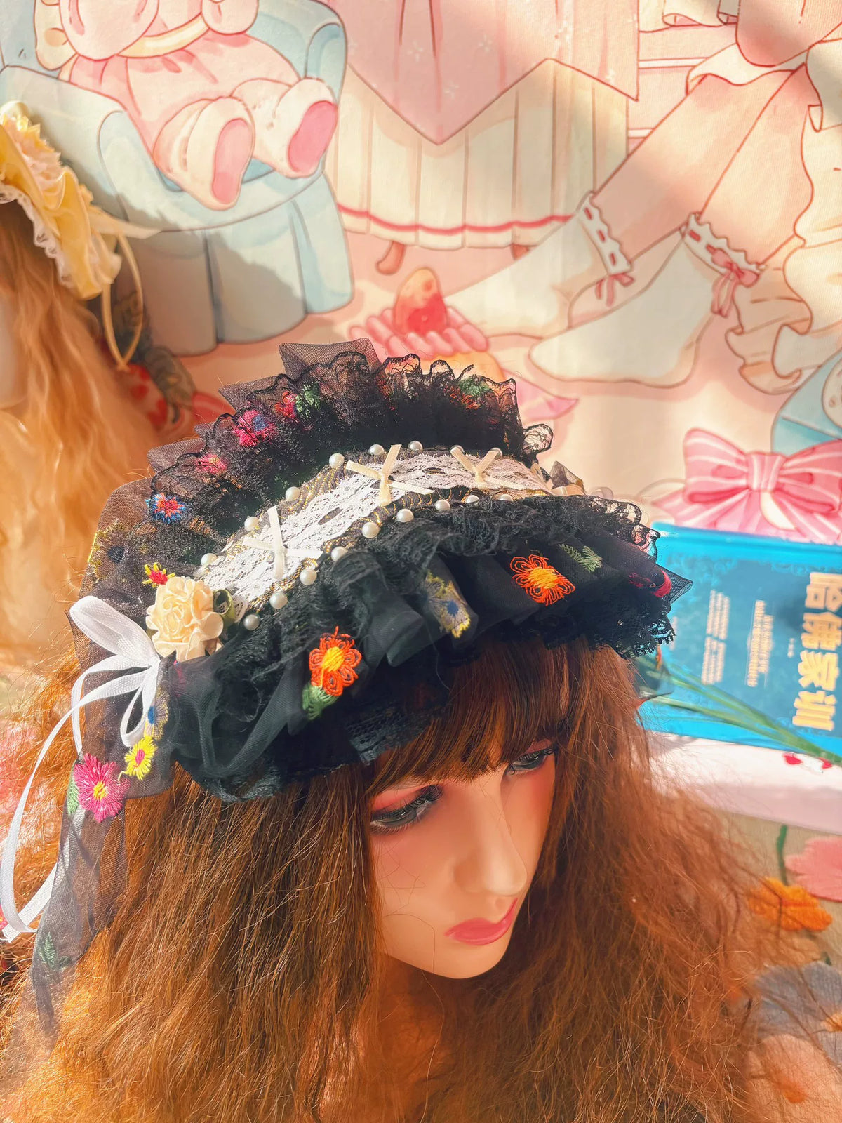 Zwarte Lolita Mini Bon met Parel en Kant