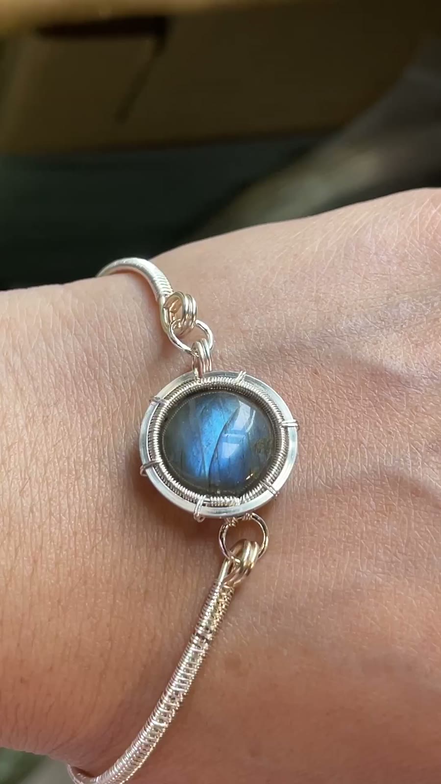 Blue Flash Labradorite Wire Wrapped Bracelet