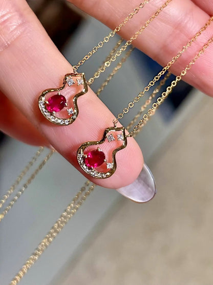 18k Gold Gourd Pendant Necklace Set with 0.28ct Red Gemstones