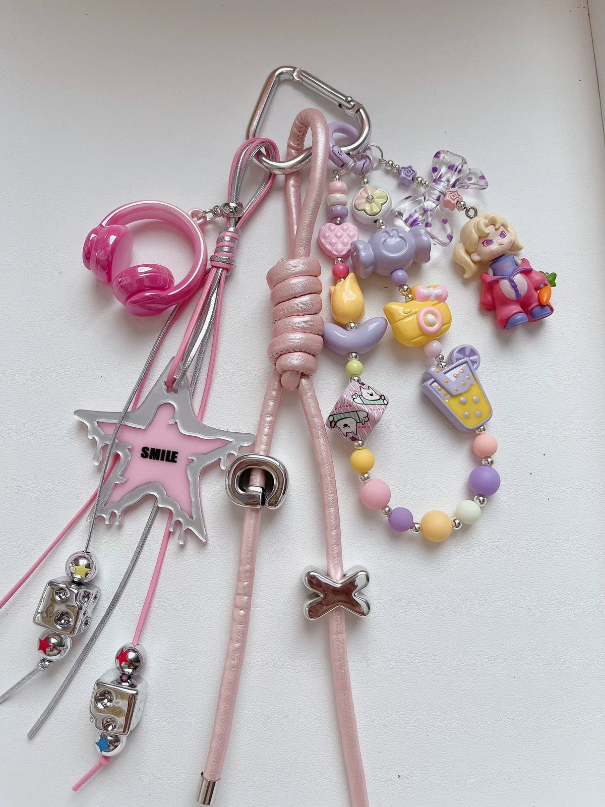 Pink Star Beaded Bag Charm Keychain