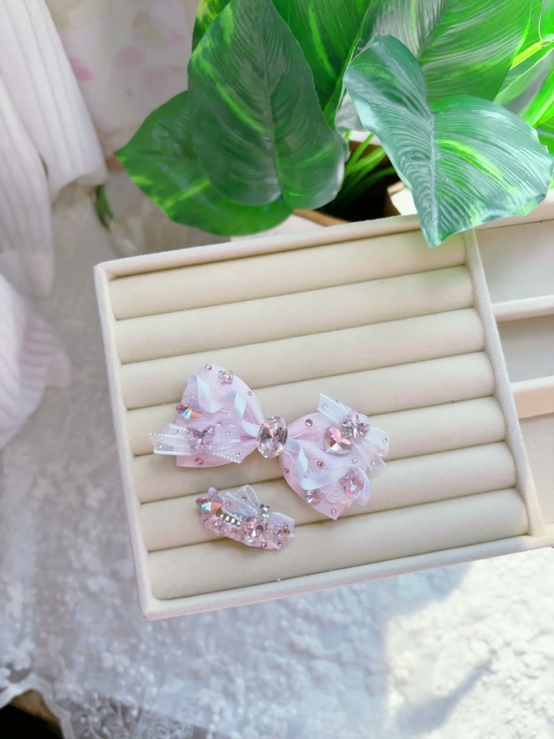 Pink Rhinestone Bow Hair Clip Set
