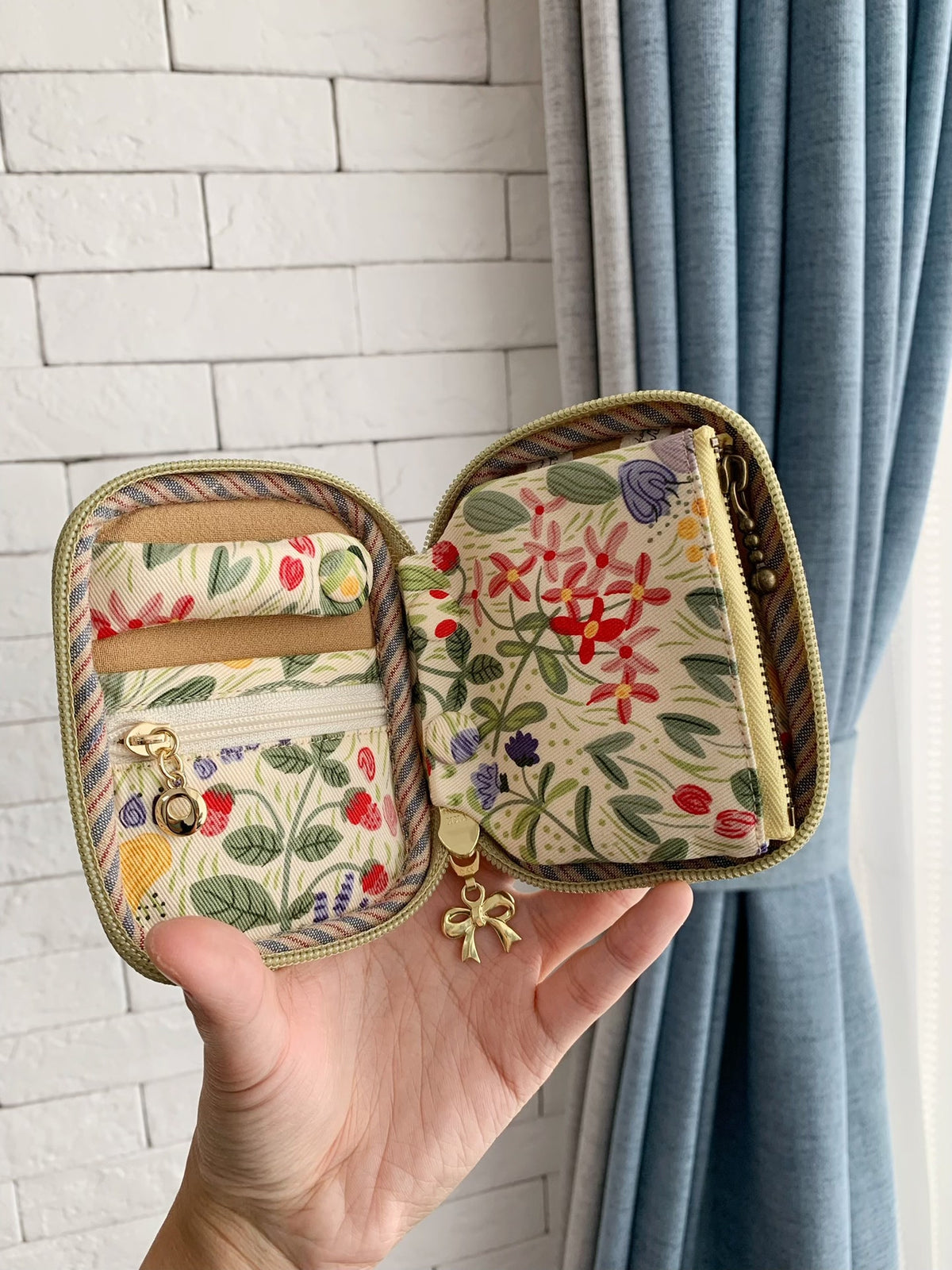 Floral Print Cotton Pouch with Card Slots