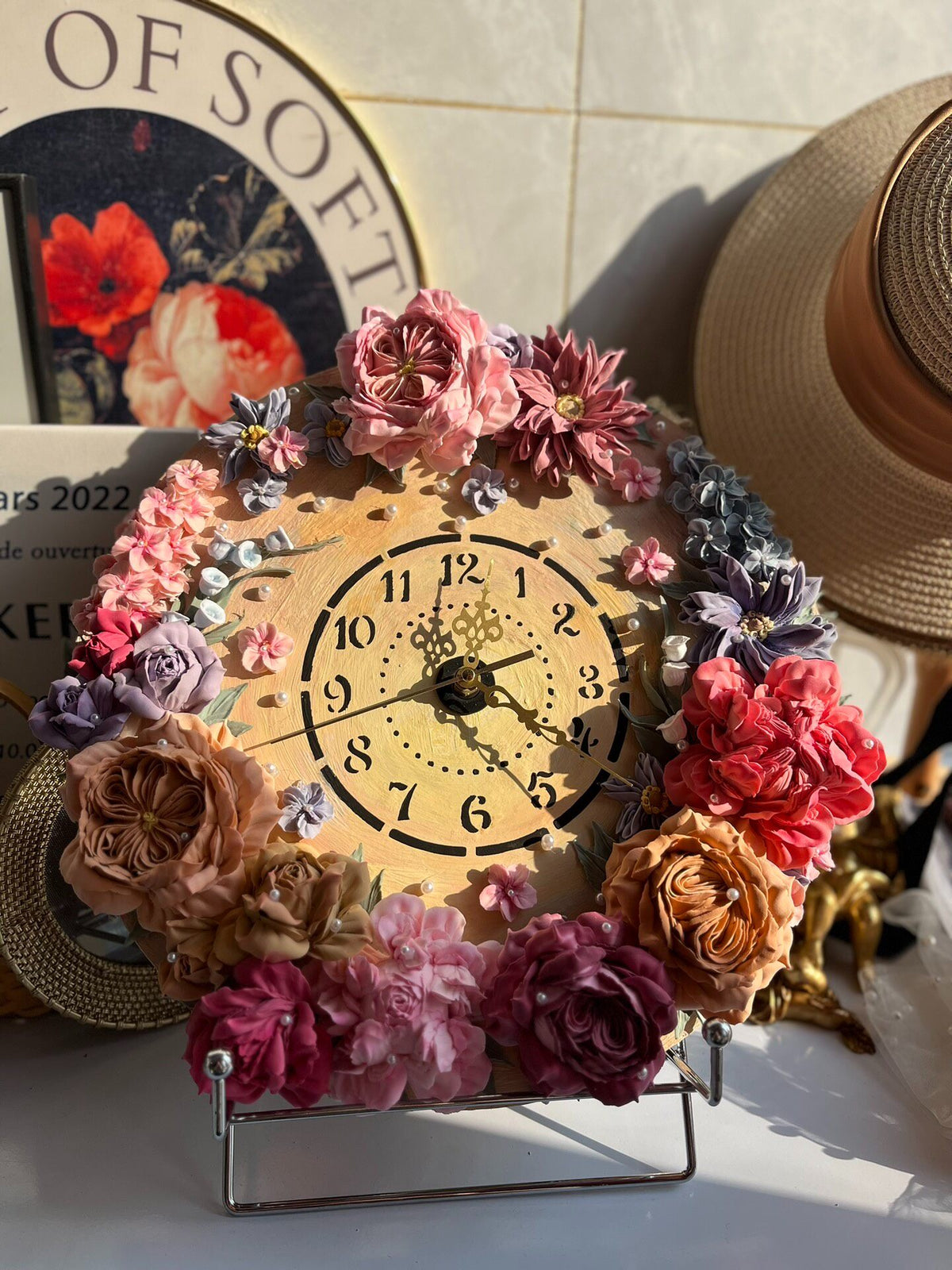 Clay Flower Wooden Wall Clock
