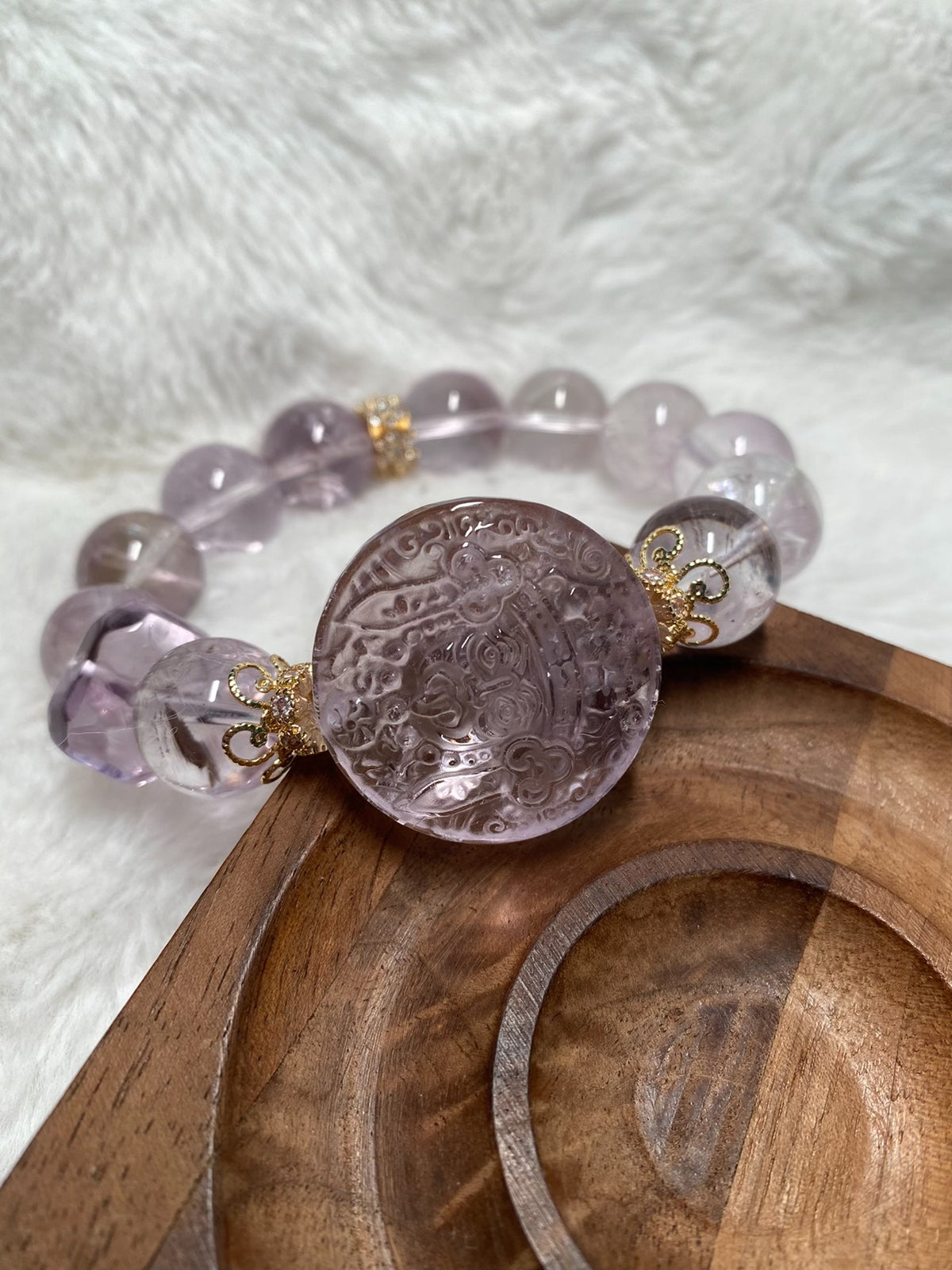 Amethyst Beaded Bracelet with Carved Disc
