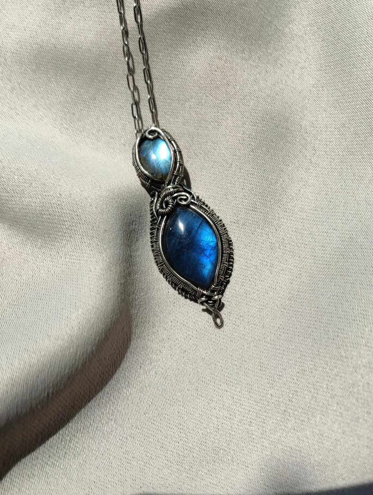 Labradorite Pendant Necklace Wire Wrapped Blue