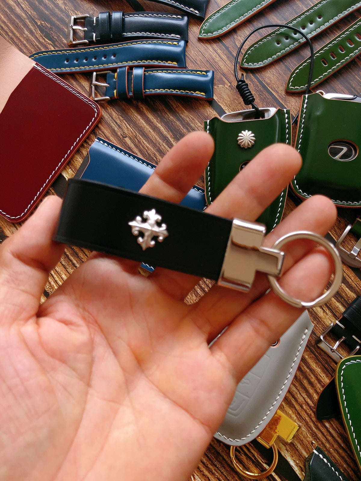 Black Leather Key Fob with Cross Stud