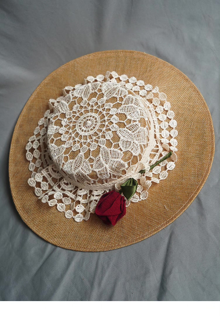 Vintage Flat Brim Lace Rose Hat