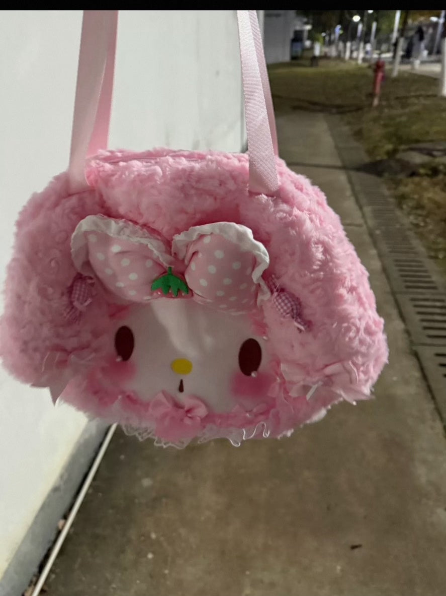 Pink Faux Fur Plush Bow Face Bag
