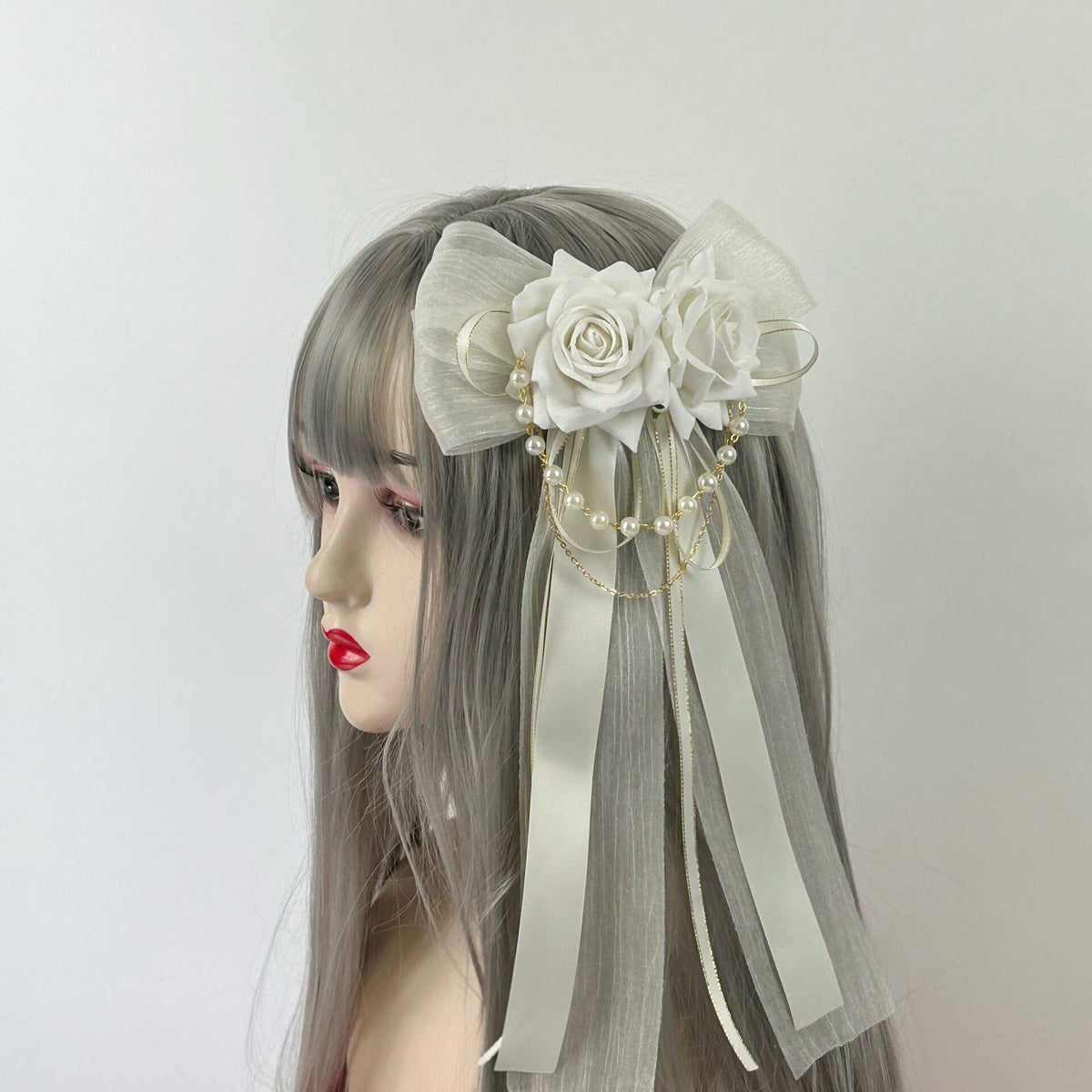 Lolita Bow Hair Clip with Pearl Chains