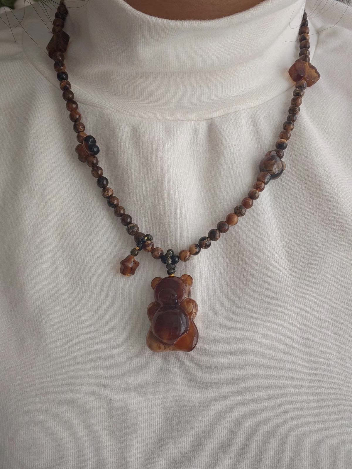 Natural Root Amber Bear Pendant Necklace