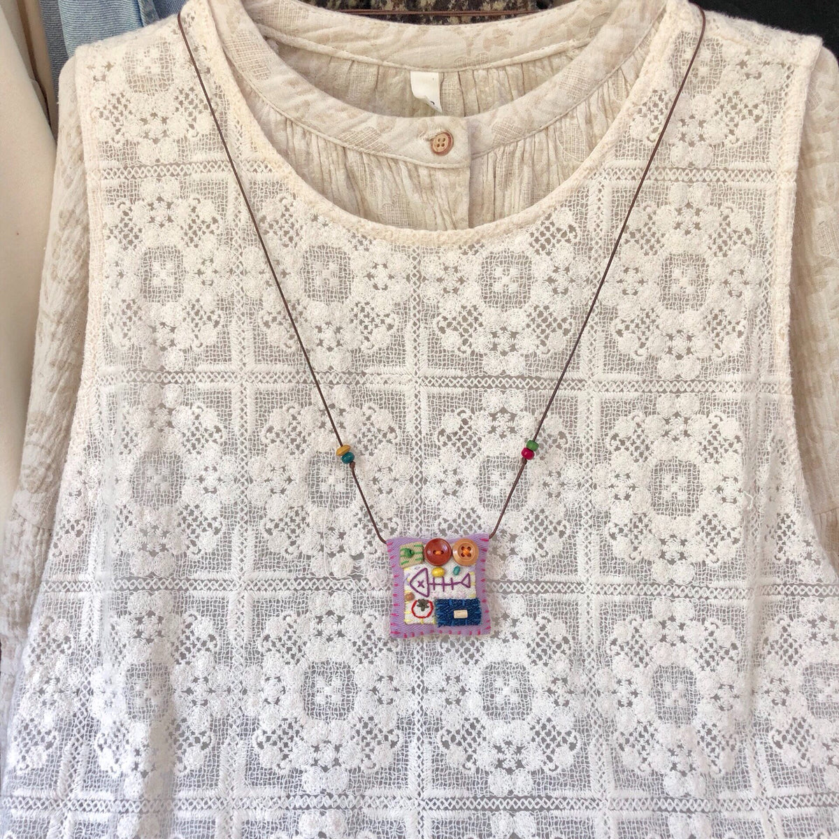 Handmade Hand Sewn Necklace Purple Fabric Pendant