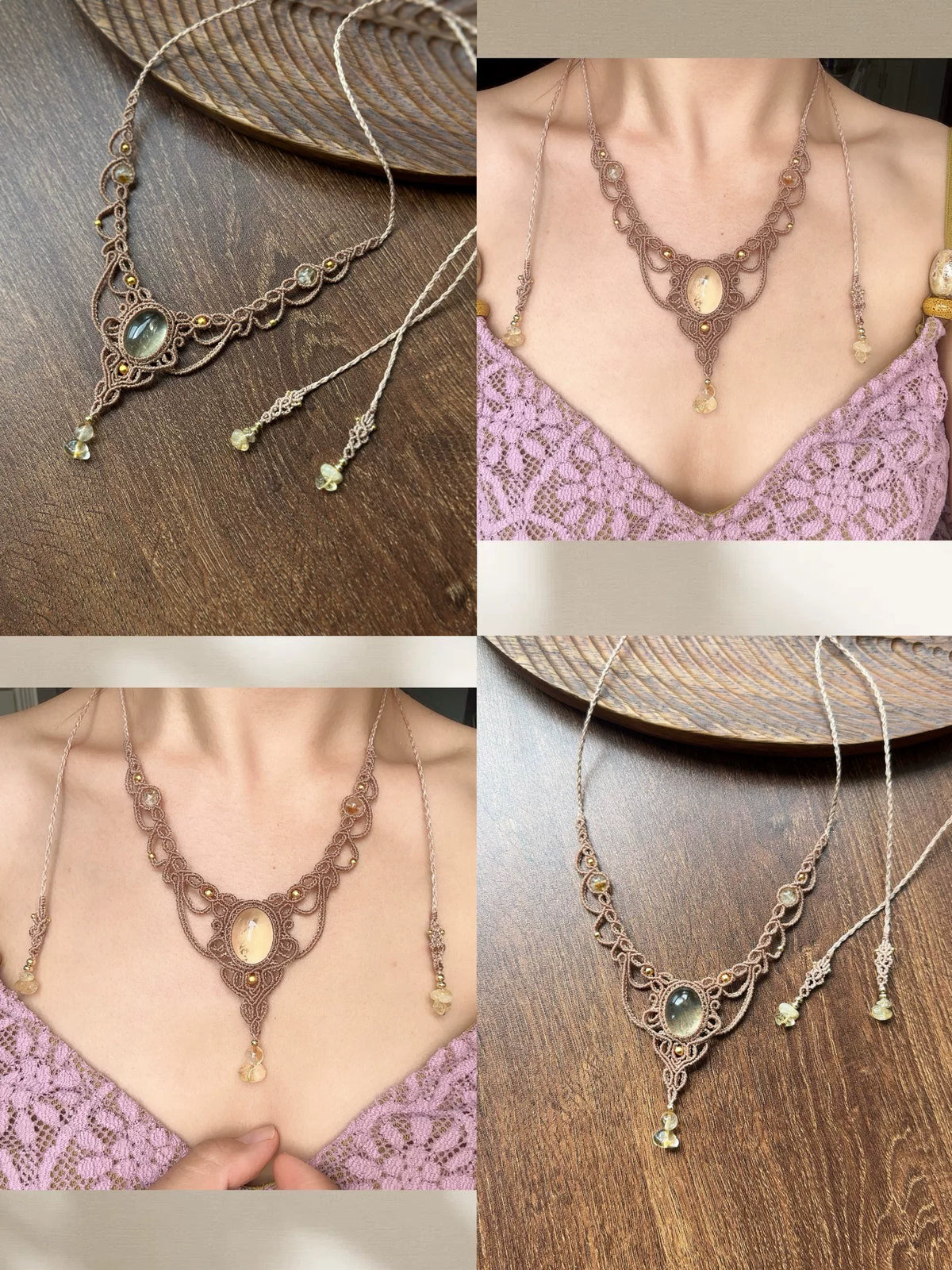 Handgeknoopt macrameketting met grote steen