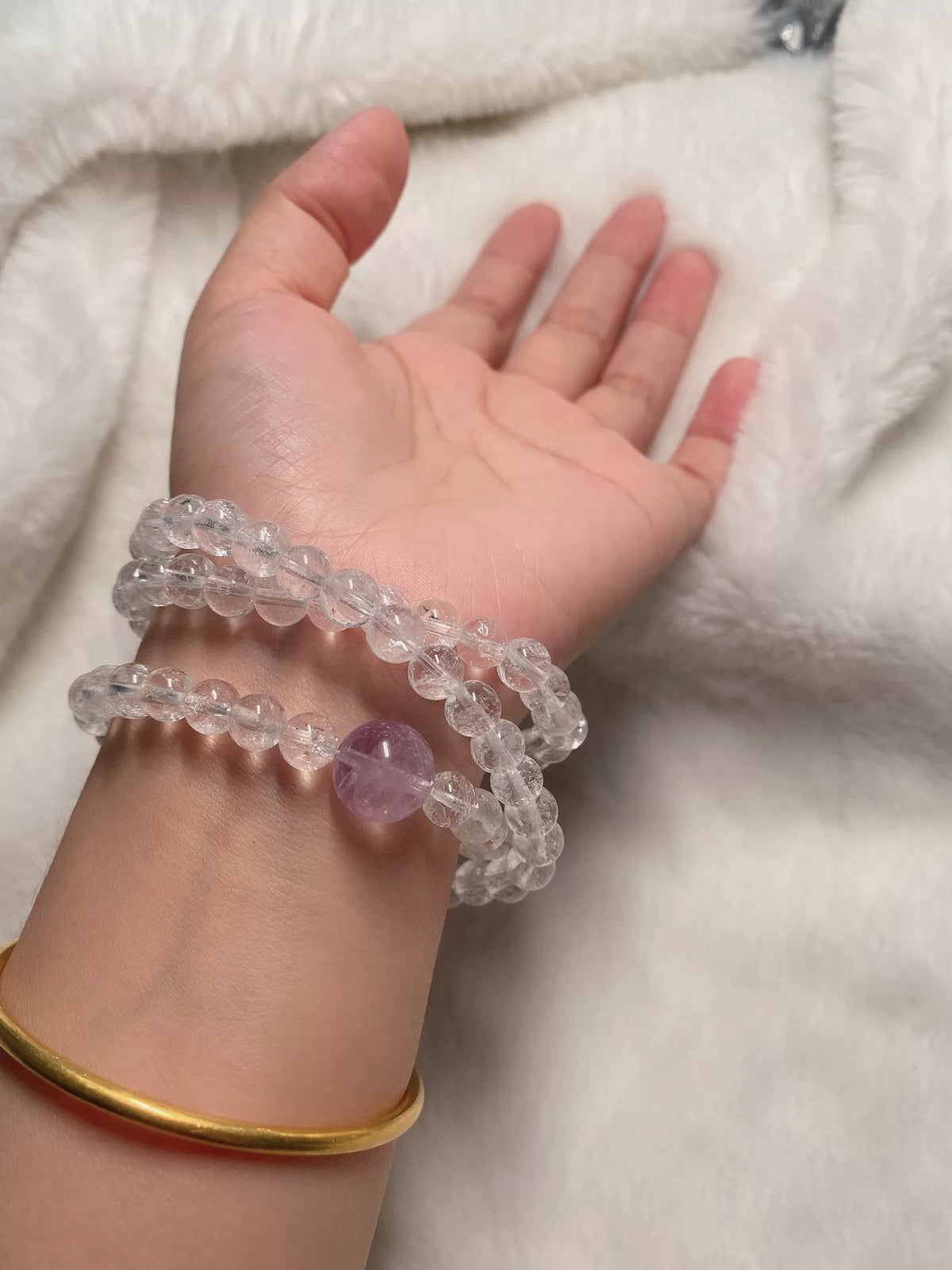 Bracelete de Contas de Cristal Branco Arco-Íris e Lilás