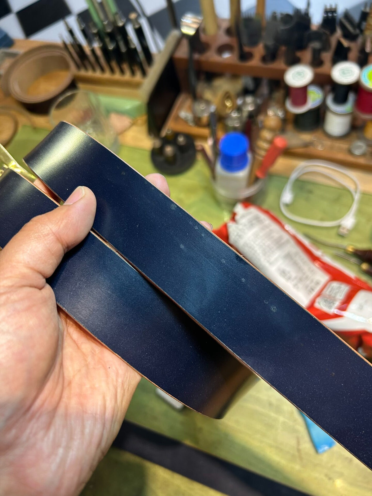 Navy Blue Leather Belt with Gold-Tone Square Buckle, 113 cm