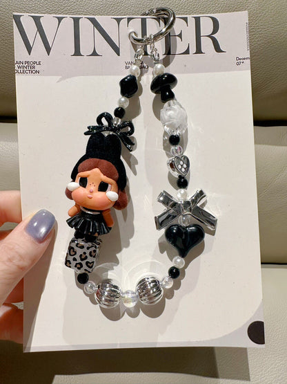 Black and White Elegant Character Figurine Keychain with Beads