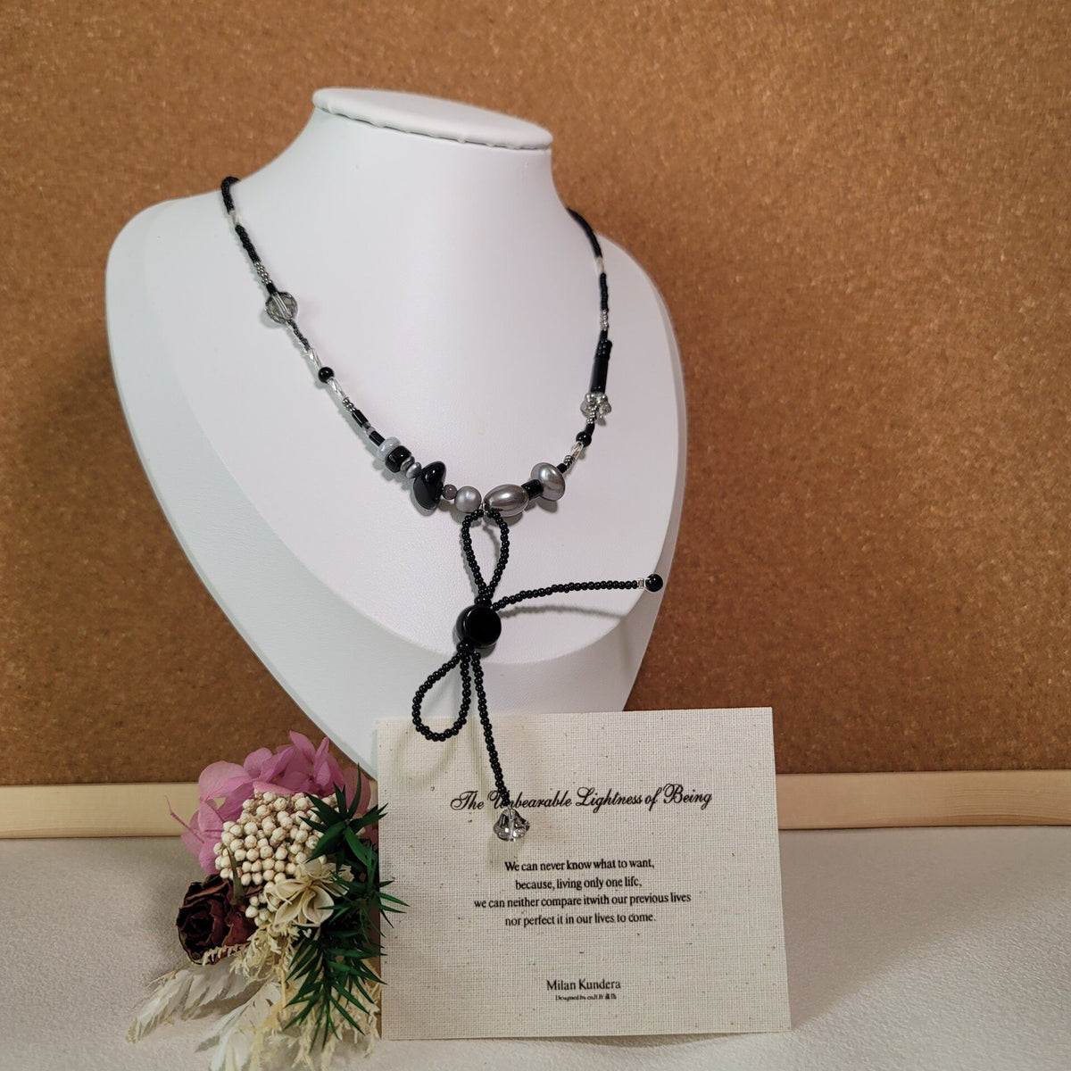 Handmade Black Grey Beaded Bow Necklace