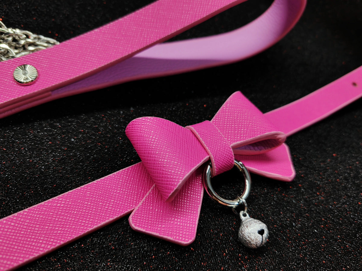 Pink Crosshatch Leather Bow Pet Collar Leash